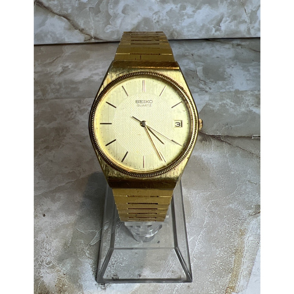 Seiko Watch Men 32mm Champagne Dial Gold Tone Date Round 6432-7019 TESTED